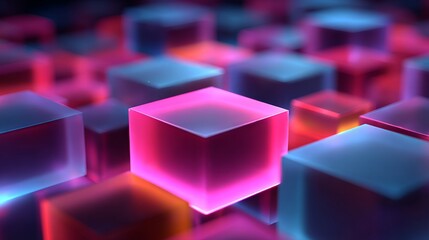 Abstract close-up view of glowing cubes in various colors, showcasing a modern, technological design