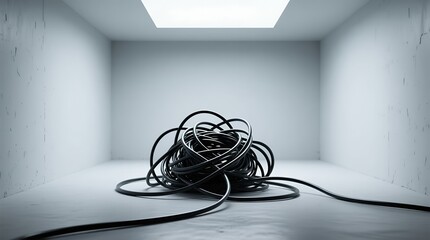 Tangled black cable sculpture in stark white room under skylight