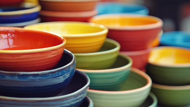 A collection of intricately crafted ceramic bowls with a rainbow of colors, showcasing the artistry and variety found in pottery.