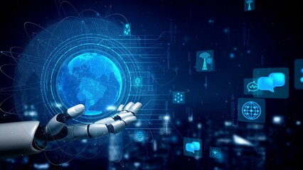 A cutting-edge robotic hand reaches out towards a digital globe, symbolizing the intersection of technology and global communication in a futuristic setting. Xenic