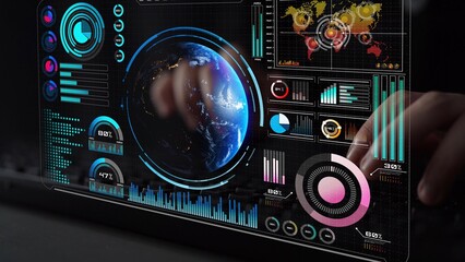 High-tech global network connection interface showing worldwide digital communication, data exchange, and internet connectivity. Global connection, data interaction, and worldwide communication. Thunk