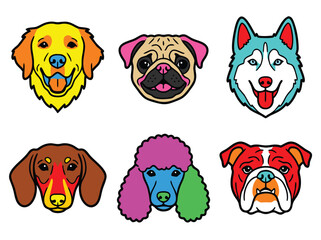 Colorful dog breeds vector illustration set.