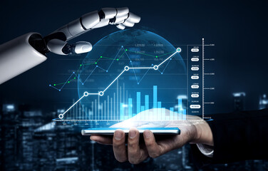 A robotic hand reaches for a smartphone displaying global data and analytics, symbolizing the fusion of technology and business in modern society. Scalp