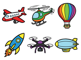 Colorful cartoon air transportation vehicles set.