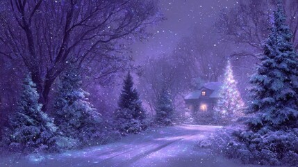 A whimsical winter scene, showcasing a snow-covered road leading to a quaint house, surrounded by trees and falling snowflakes