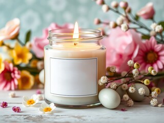 Scented candle with blank label surrounded by spring flowers and eggs