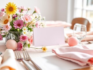 Elegant easter table setting with flowers, pink eggs, and blank place card