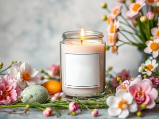 Scented candle with blank label surrounded by spring flowers and easter eggs