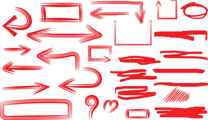 Collection of hand drawn red marker arrows underlines and rectangular shapes for highlighting important text elements.