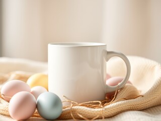 White ceramic mug surrounded by pastel colored easter eggs and knitted fabric