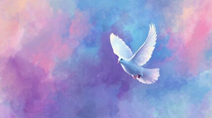 A white bird flies against a backdrop of colorful, blended hues. The image suggests tranquility, freedom, and a sense of serenity