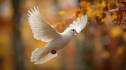 A white bird flies with spread wings against a blurred backdrop of autumnal leaves. The close-up showcases vibrant colors