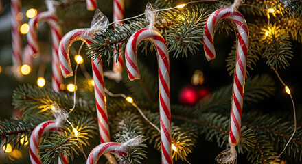 Close-up of traditional red and white candy canes hanging on a festive Christmas tree adorned with warm string lights.