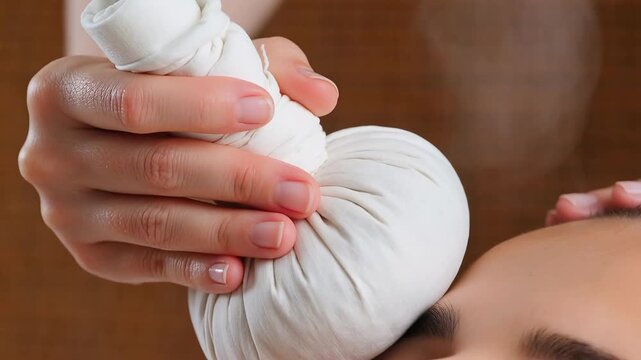 Close up of woman face receiving ayurvedic herbal compress ball massage on forehead in spa salon