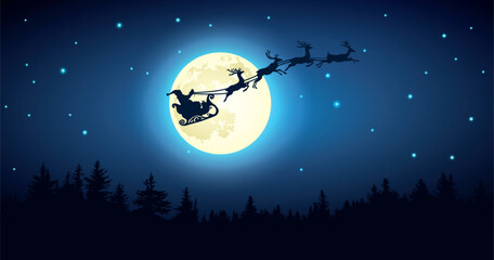 Santa Claus on sleigh with reindeer on background of full moon