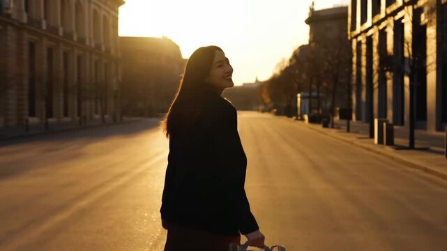 Rear view of happy Asian businesswoman walking away down empty city street at sunset with golden hour lens flare