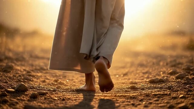 Barefoot traveler journeys through sun-drenched desert path towards glowing horizon