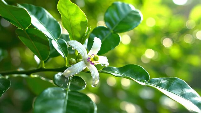 Close Up of White Pomelo Flower Blossoming With Green Leaves