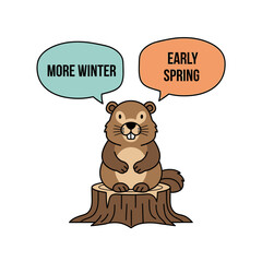 A cartoon beaver stands on a tree stump contemplating whether to predict more winter or early spring, surrounded by thought bubbles.
