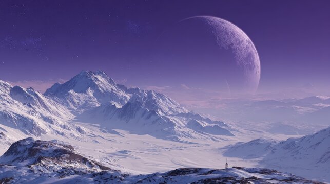 Celestial Peaks: A majestic planetary view, featuring snow-capped mountain range under a purple, serene sky with large, textured planet in the distance. - Powered by Adobe