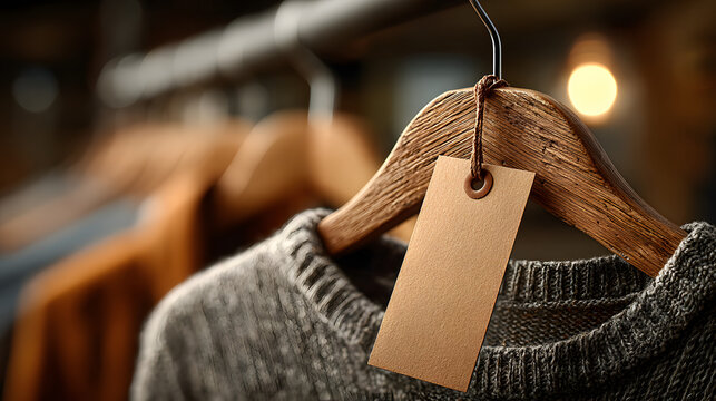 A blank brown paper tag hangs from a wooden hanger attached to a garment in a clothing rack with blurred background