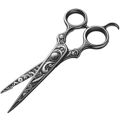 High-quality professional hairdressing scissors made of polished stainless steel, featuring sharp, precise blades and an elegant ergonomic design. Isolated on a white background, this realistic tool i