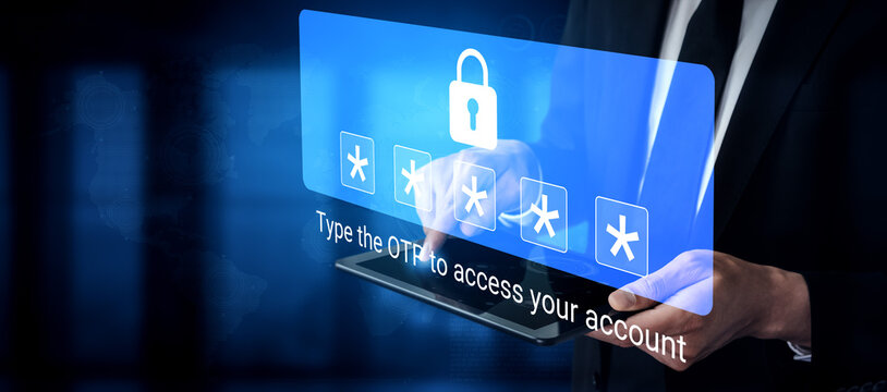A modern depiction of a man using digital technology to securely input a one-time password, illustrating the importance of cybersecurity in banking and online transactions. Gantry