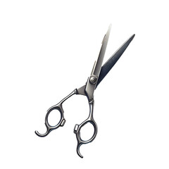 High-quality professional hairdressing scissors made of polished stainless steel, featuring sharp, precise blades and an elegant ergonomic design. Isolated on a white background, this realistic tool i