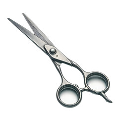 High-quality professional hairdressing scissors made of polished stainless steel, featuring sharp, precise blades and an elegant ergonomic design. Isolated on a white background, this realistic tool i