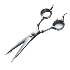 High-quality professional hairdressing scissors made of polished stainless steel, featuring sharp, precise blades and an elegant ergonomic design. Isolated on a white background, this realistic tool i