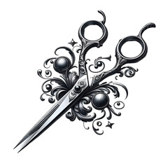 High-quality professional hairdressing scissors made of polished stainless steel, featuring sharp, precise blades and an elegant ergonomic design. Isolated on a white background, this realistic tool i