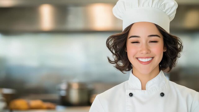 Radiant Culinary Portrait: A smiling chef, radiating confidence and expertise in a professional kitchen, showcases the heart of gastronomy. 