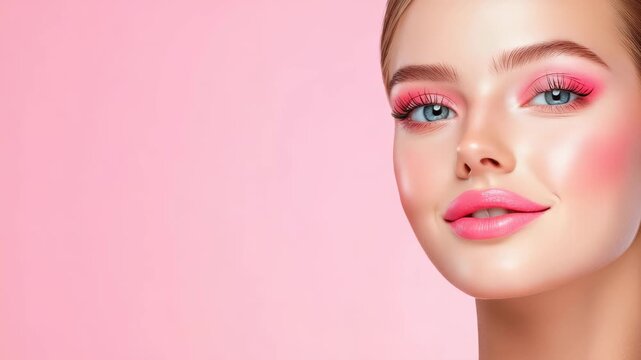 Radiant Beauty in Pink: A stunning portrait of a woman, radiating elegance and sophistication, with a delicate touch of pink makeup, her eyes sparkling, she embodies the essence of refined beauty.