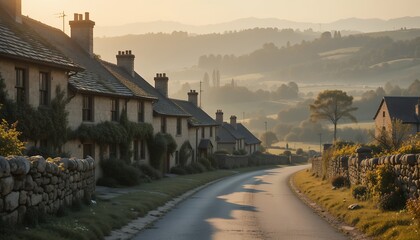 Sunlit country lane with stone cottages and rolling misty hills at dawn