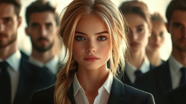 Determined Vision: A strong, confident leader emerges, framed by the subtle presence of her team. Reflecting on the essence of leadership and unwavering resolve.