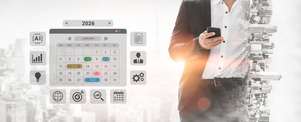 2026 calendar interface surrounded by AI, data, and business icons representing scheduling, planning, and productivity management Parse