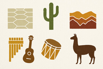 Obraz premium Northern Argentina Icon Set with Salinas Grandes, Llama and Andean Culture in Flat Vector