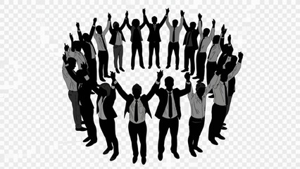 Group of businesspeople in a circle with raised hands forming a united gesture together.