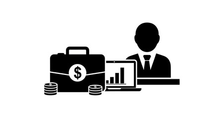 Businessman working on laptop with briefcase and money showing financial graph