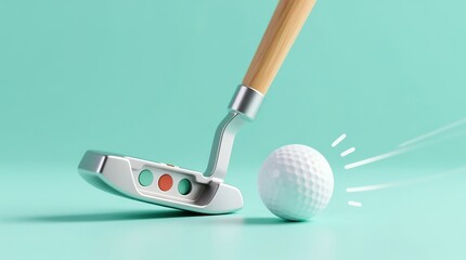 Minimalist close up of a modern putter striking a golf ball on a mint teal background