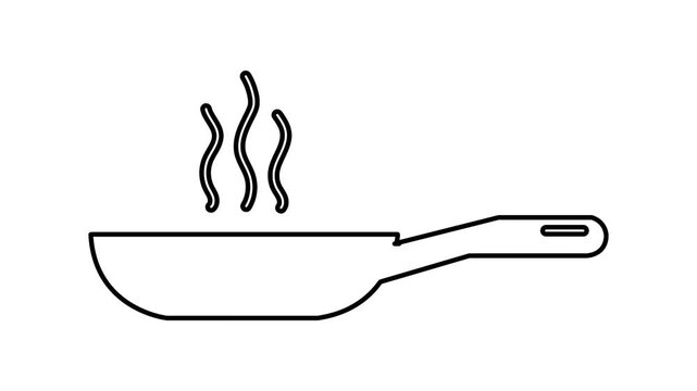 frying pan with red handle and steam rising