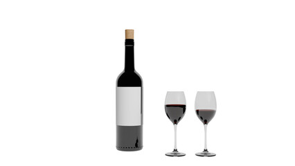 3D Render Red Wine Bottle and Glasses on White background