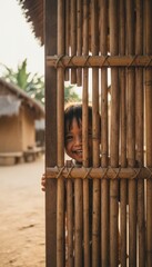 Obraz premium Joyful Young Child Peeking Through Traditional Bamboo Fence with a Wide Smile, Capturing Innocence and Happiness in a Rural Village Setting
