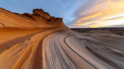 Captivating rock formations bathed in sunset hues highlight the serene beauty of the desert landscape, showcasing the intricacy of nature's design and majesty.