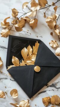 A close-up of an elegant black invitation card adorned with a gold leaf design, resting on a marble table covered in golden autumn leaves.