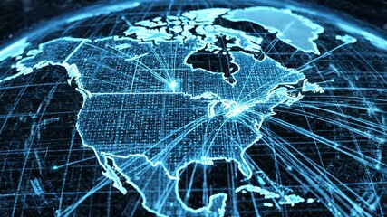 A mesmerizing digital representation of the Earth prominently featuring the North American continent with intricate glowing blue lines symbolizing global network connections data flow and advanced te. - Powered by Adobe