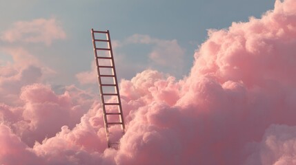 A wooden ladder extends into a dreamy sky through fluffy, pink clouds. The gradient sky adds a sense of surrealism