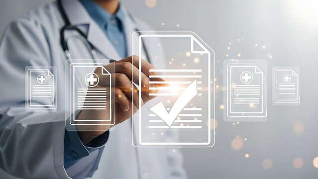 Doctor interacting with digital medical documents and checkmark - Powered by Adobe