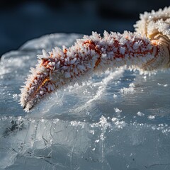 Close Up Macro of a Frost Covered Crab Claw Resting on Sunlit Ice with Sparkling Crystals