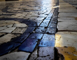 Close up of wet cobblestone pathway with patterned marble and sunlight reflecting on dark blue and white stones creating a glossy texture in soft outdoor lighting